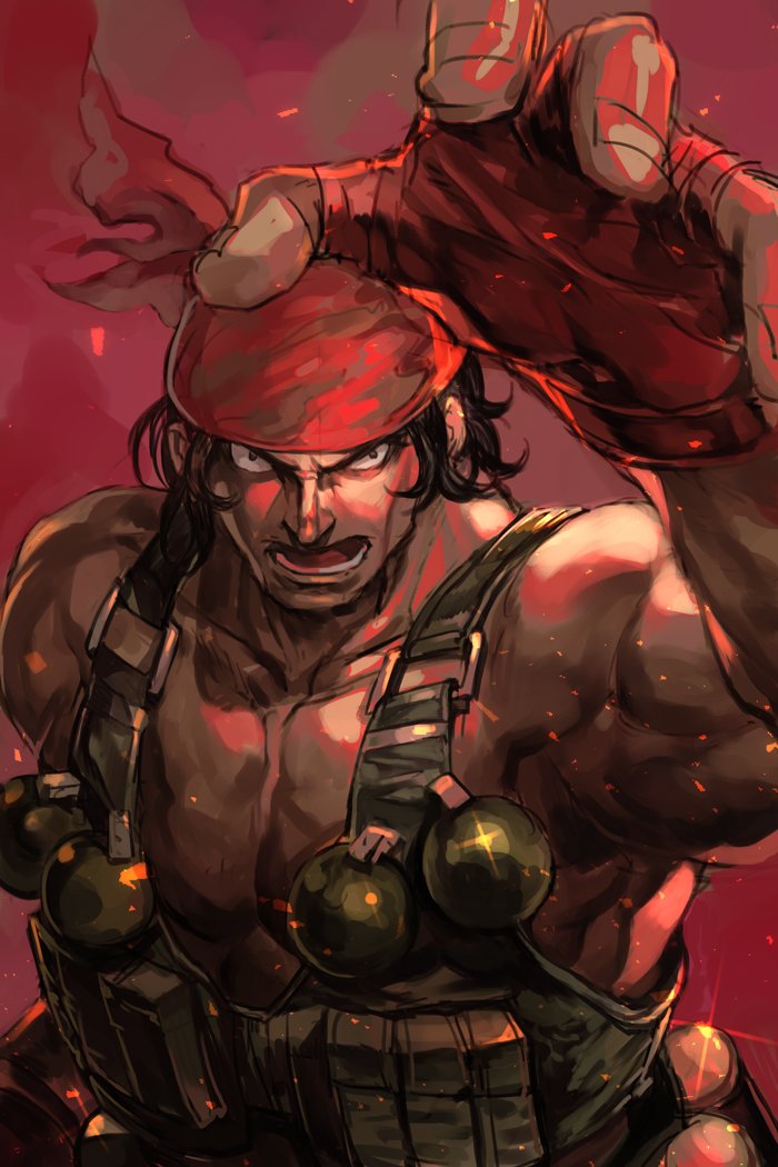 1boy bandana brown_hair explosive fingerless_gloves gloves grenade hand_up hankuri male_focus manly metal_slug muscle open_mouth pose ralf_jones red_gloves red_headwear shirtless simple_background snk solo the_king_of_fighters upper_body vest weapon