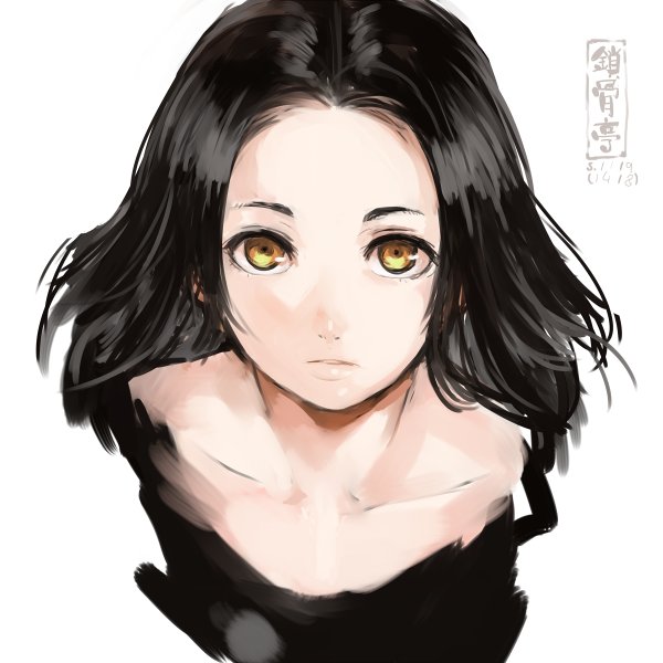 1girl artist_logo bangs black_hair closed_mouth collarbone long_hair looking_at_viewer original parted_bangs portrait shu-mai simple_background solo white_background yellow_eyes