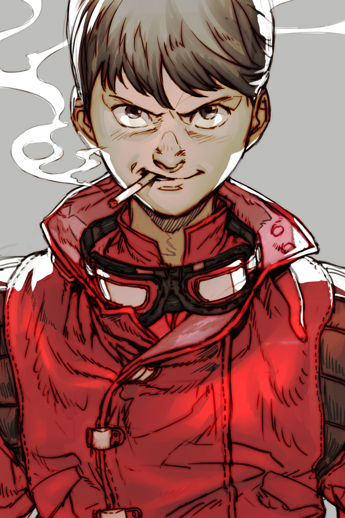 1boy akira bangs brown_hair cigarette coat goggles goggles_removed grey_background hankuri kaneda_shoutarou long_sleeves looking_at_viewer male_focus red_coat short_hair smoke smoking solo swept_bangs