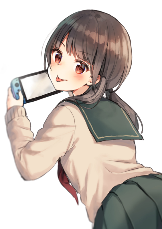 1girl :p bangs black_hair blush brown_eyes brown_sweater closed_mouth commentary_request eyebrows_visible_through_hair green_sailor_collar green_skirt holding long_hair long_sleeves looking_at_viewer looking_back low_twintails lying midorikawa_you neckerchief nintendo_switch on_stomach original pleated_skirt red_neckwear sailor_collar school_uniform serafuku simple_background skirt sleeves_past_wrists smile solo sweater tongue tongue_out twintails v-shaped_eyebrows white_background