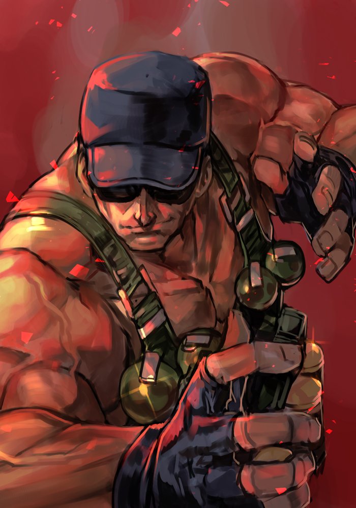 1boy baseball_cap black_gloves blue_headwear clark_still closed_mouth fingerless_gloves gloves hands_up hankuri hat male_focus manly metal_slug muscle pose shirtless simple_background snk solo sunglasses the_king_of_fighters upper_body vest