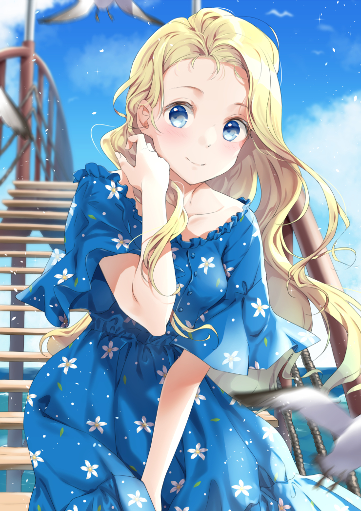 1girl arm_up between_legs bird blonde_hair blue_dress blue_eyes blue_sky blush breasts clouds collarbone cowboy_shot day dress floral_print hand_between_legs hand_in_hair handrail leaning_forward long_hair looking_at_viewer ocean original outdoors short_sleeves sky small_breasts smile solo stairs standing unya_(unya-unya) very_long_hair wide_sleeves wind wind_lift