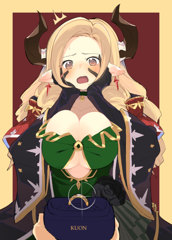 1girl black_gloves blonde_hair blush breasts brown_eyes draph dress drill_hair earrings gloves granblue_fantasy hands_on_own_face horns jewelry large_breasts maria_theresa_(granblue_fantasy) naoya_come pointy_ears ring ring_box wedding_ring wide_sleeves