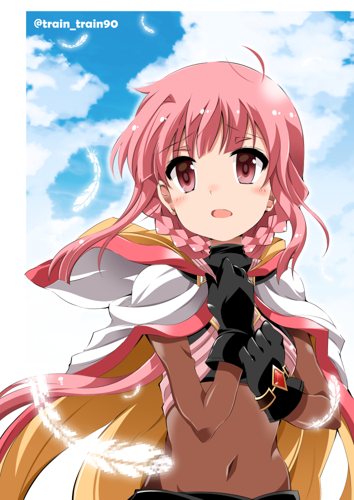 1girl artist_name bangs bodysuit braid cape clouds cloudy_sky commentary_request eyebrows_visible_through_hair feathers gloves hair_between_eyes hands_on_own_chest looking_at_viewer magia_record:_mahou_shoujo_madoka_magica_gaiden mahou_shoujo_madoka_magica navel open_mouth pink_eyes pink_hair sidelocks sky solo tamaki_iroha train_90 twin_braids