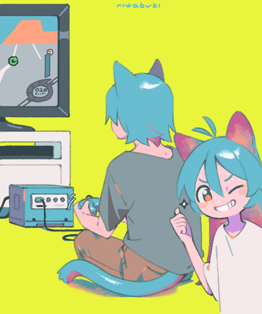 1boy 1girl animal_ears antenna_hair aqua_hair bangs blush_stickers brother_and_sister brown_pants cat_boy cat_ears cat_tail controller dot_nose facing_away game_console game_controller gamepad green_background grey_shirt grin hair_between_eyes hand_up holding holding_controller holding_game_controller indian_style long_hair looking_at_viewer monitor motion_lines niwabuki noshime_ruka one_eye_closed orange_eyes original pants playing_games satonaka_kei shiny shiny_hair shirt short_sleeves siblings signature sitting smile sparkle tail tareme television thumbs_up v-shaped_eyebrows video_game white_shirt