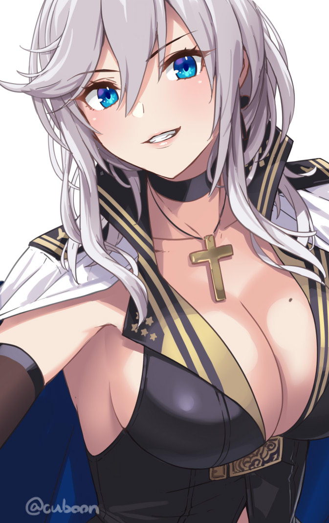 1girl azur_lane blue_eyes blush breasts choker commentary_request cross cross_necklace cuboon eyebrows_visible_through_hair flag_print grin hair_between_eyes jacket_on_shoulders jewelry large_breasts long_hair looking_at_viewer military_jacket mole mole_on_breast necklace sideboob silver_hair smile washington_(azur_lane)
