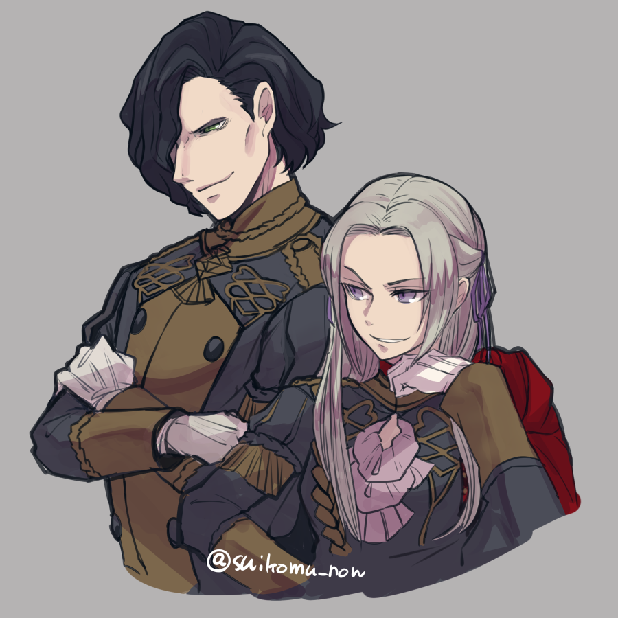 1boy 1girl black_hair closed_mouth crossed_arms edelgard_von_hresvelg fire_emblem fire_emblem:_three_houses garreg_mach_monastery_uniform gloves grey_background grin hair_over_one_eye hair_ribbon hubert_von_vestra long_hair long_sleeves ribbon short_hair simple_background smile suikomu_now twitter_username uniform upper_body violet_eyes white_gloves white_hair