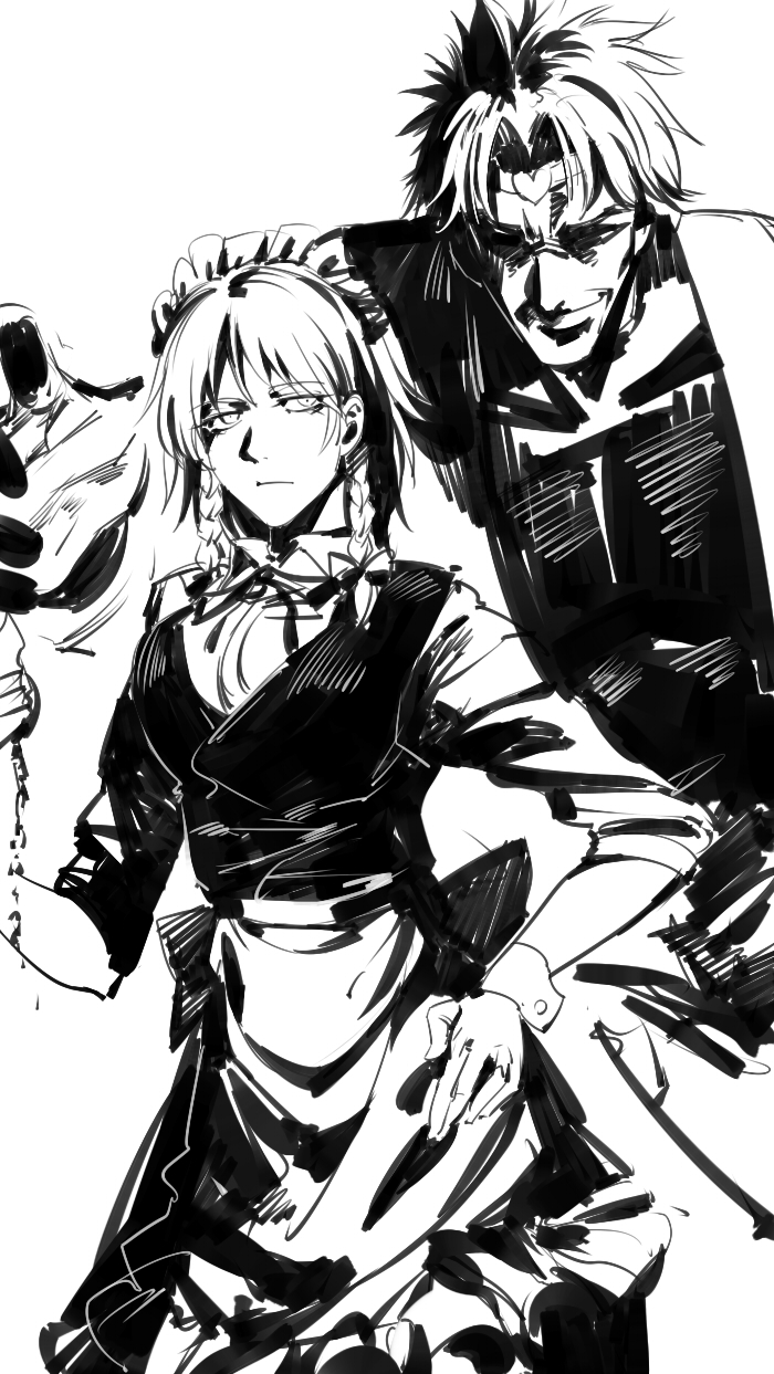 1boy 1girl apron closed_mouth collared_shirt dio_brando eyebrows_visible_through_hair greyscale grin hairband headband highres izayoi_sakuya jitome jojo_no_kimyou_na_bouken maid maid_headdress monochrome neck_ribbon power_connection ribbon ruukii_drift shirt short_hair simple_background smile stardust_crusaders touhou waist_apron white_background wing_collar wrist_cuffs