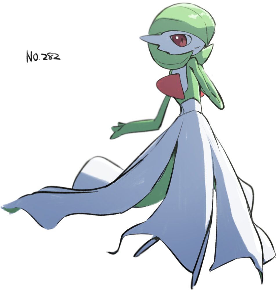 blurry closed_mouth colored_skin full_body gardevoir gen_3_pokemon hand_up looking_at_viewer looking_back morio_(poke_orio) no_humans number pokedex_number pokemon pokemon_(creature) red_eyes smile solo standing white_background white_skin