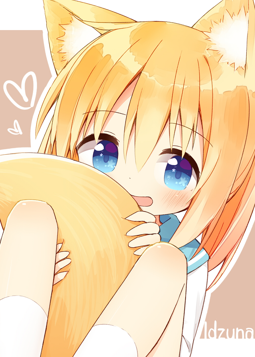 1girl :d animal_ear_fluff animal_ears ayanepuna blue_sailor_collar blush borrowed_character brown_background character_name commentary_request flower_in_eye fox_ears fox_girl fox_tail heart highres holding_tail knees_up long_hair open_mouth orange_hair original outline sailor_collar shirt smile socks solo symbol_in_eye tail two-tone_background white_background white_legwear white_outline white_shirt