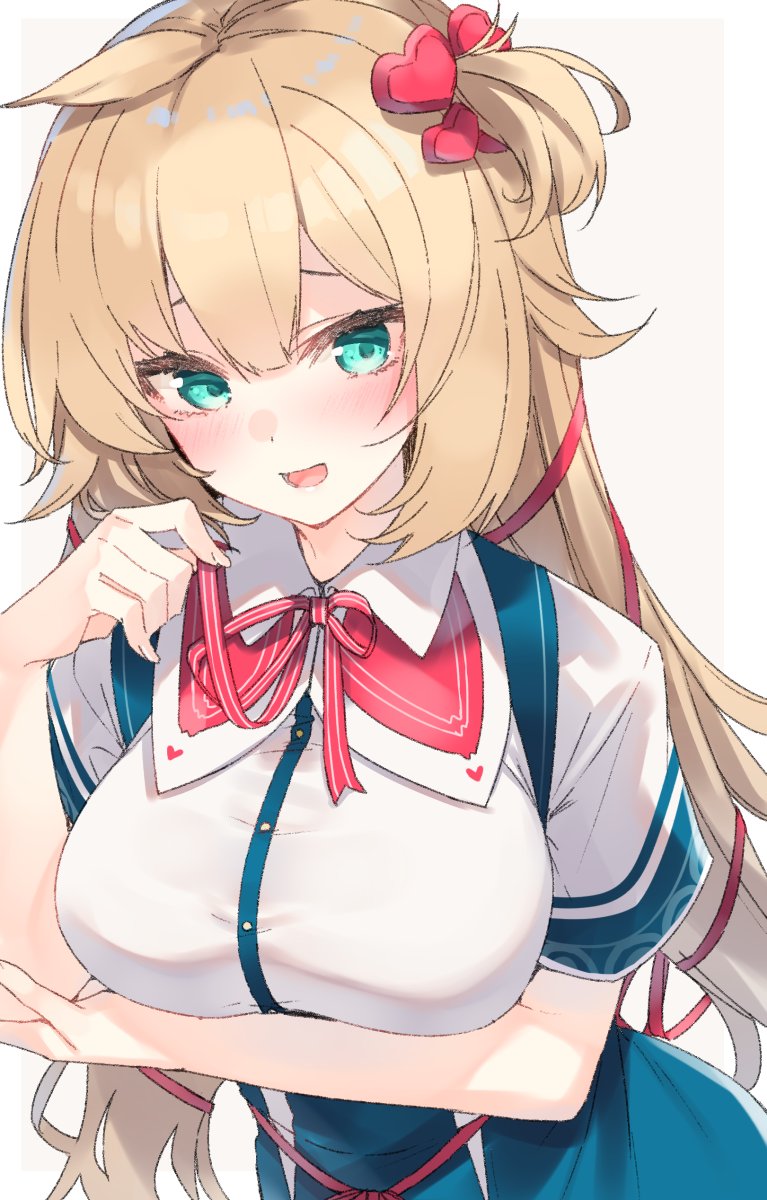 1girl :d akai_haato arm_under_breasts blonde_hair blue_eyes breasts hair_ornament hair_ribbon heart heart_hair_ornament highres hololive large_breasts nekoume open_mouth ribbon school_uniform short_sleeves simple_background smile solo upper_body virtual_youtuber