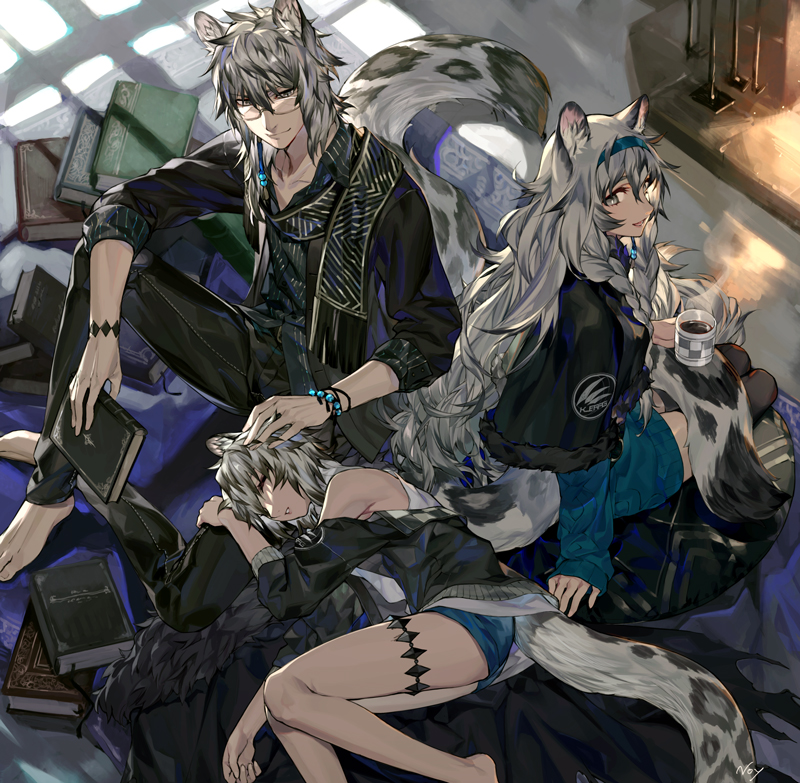 1boy 2girls alternate_costume animal_ears arknights book brother_and_sister cliffheart_(arknights) commentary_request fireplace glasses leopard_ears leopard_tail long_hair multiple_girls noy petting pramanix_(arknights) short_hair siblings silverash_(arknights) sisters sleeping snow_leopard tail white_hair