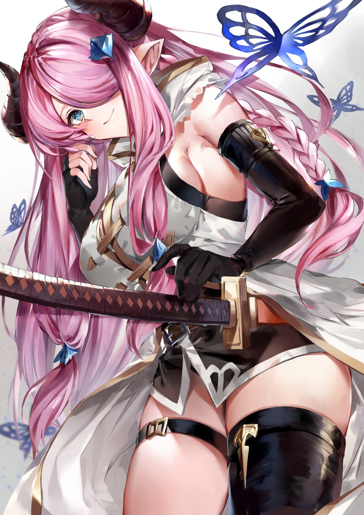 1girl asymmetrical_gloves bare_shoulders black_dress black_gloves black_legwear blue_eyes blush braid breasts bug butterfly closed_mouth draph dress elbow_gloves fingerless_gloves gloves gradient gradient_background granblue_fantasy hair_ornament hair_over_one_eye highres hinahino horns insect katana large_breasts lavender_hair long_hair looking_at_viewer low_tied_hair narmaya_(granblue_fantasy) pointy_ears sheath short_dress single_braid single_thighhigh sleeveless smile solo sword thigh-highs thigh_strap vest weapon white_background white_vest
