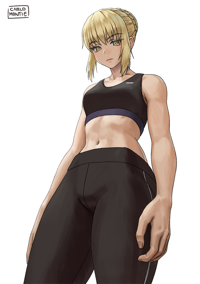 1girl abs artoria_pendragon_(all) black_bra black_pants blonde_hair bra braid carlo_montie crotch_seam expressionless eyebrows_visible_through_hair fate/stay_night fate_(series) french_braid from_below looking_at_viewer midriff muscle muscular_female navel pants saber_alter simple_background solo sports_bra stomach underwear white_background yellow_eyes
