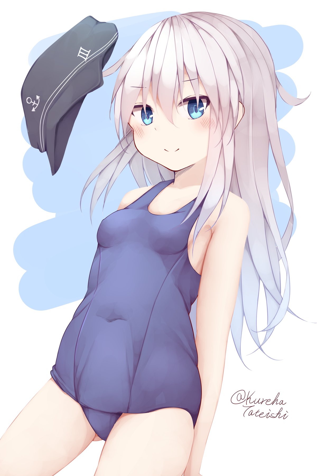 1girl alternate_costume anchor_print blue_background blue_eyes blush breasts covered_navel flat_cap hair_between_eyes hair_ornament hamayuu_(litore) hat hibiki_(kantai_collection) highres kantai_collection long_hair looking_at_viewer one-piece_swimsuit school_swimsuit silver_hair small_breasts smile solo swimsuit two-tone_background white_background