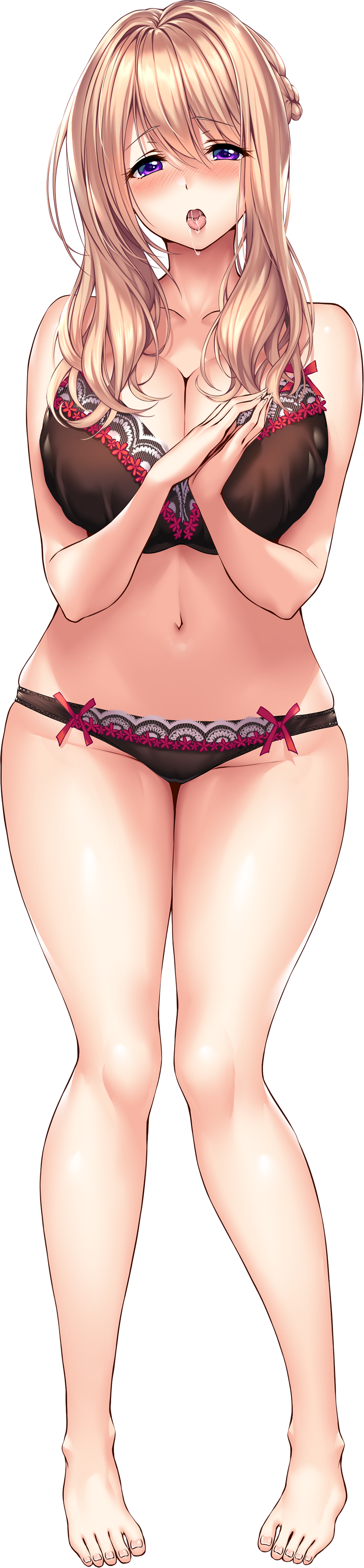 1girl absurdres amakano_2 barefoot blonde_hair blush braid breasts drooling french_braid full_body hair_over_shoulder hands_together highres large_breasts long_hair long_image looking_at_viewer official_art open_mouth piromizu saliva solo tall_image transparent_background tsutamachi_chitose underwear underwear_only violet_eyes