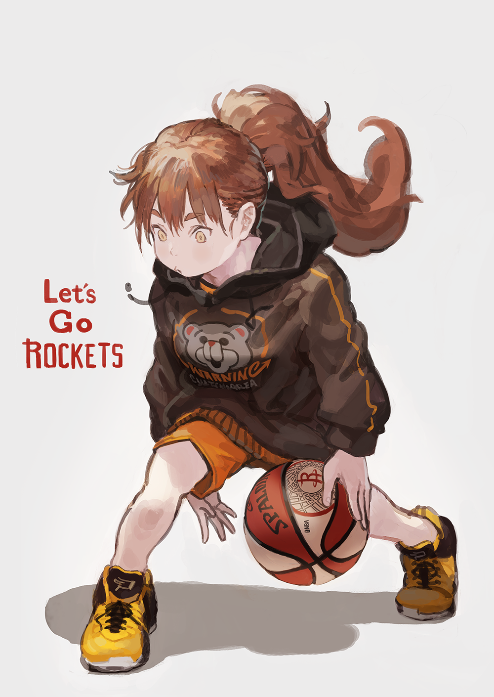 1girl ball basketball black_hoodie brown_hair burari commentary commentary_request dribbling english_commentary english_text eyebrows_visible_through_hair full_body highres hood hood_down hoodie houston_rockets long_hair mixed-language_commentary national_basketball_association orange_shorts original ponytail shoes shorts sneakers solo