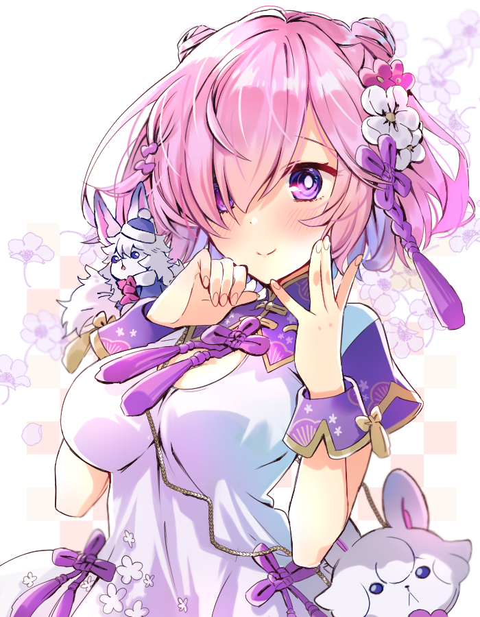 1girl :&lt; bag bangs blush breasts commentary_request dress fate/grand_order fate_(series) flower fou_(fate/grand_order) hair_flwoer hair_ornament hair_over_one_eye hair_ribbon hat large_breasts looking_at_viewer mash_kyrielight ribbon short_hair short_sleeves smile violet_eyes wasa_(pixiv29582664) white_dress white_flower wrist_cuffs