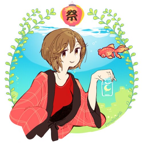 breasts brown_eyes brown_hair bubble crescent_moon eyebrows_visible_through_hair fish goldfish holding holding_jar jar leaf looking_at_viewer medium_breasts meiko moon parallela66 parted_lips red_shirt shirt short_hair smile twitter_username underwater upper_body vocaloid water