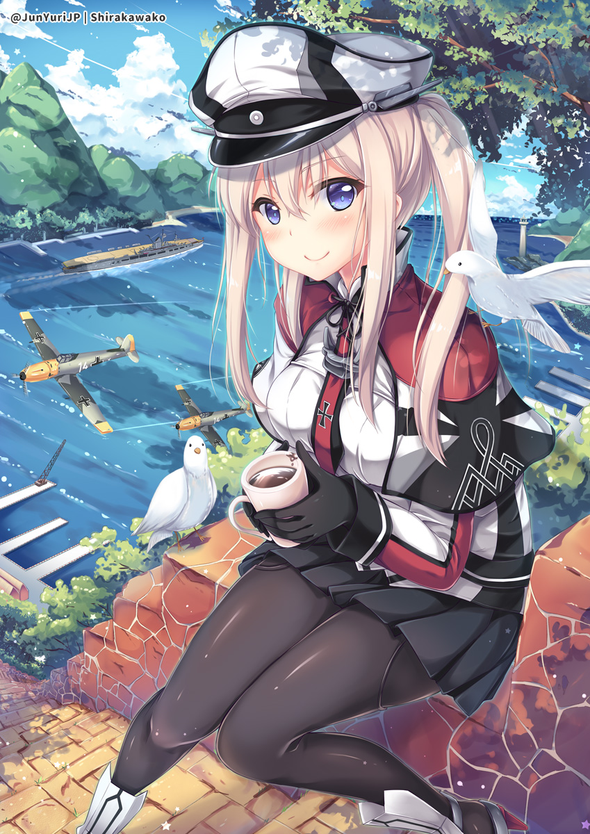1girl aircraft aircraft_carrier airplane anchor bangs bf_109 bird black_gloves black_legwear black_skirt capelet celtic_knot clouds coffee coffee_mug cup day dock gloves graf_zeppelin_(aircraft_carrier) graf_zeppelin_(kantai_collection) hair_between_eyes hands_together hat highres holding holding_cup horizon iron_cross kantai_collection knees_together_feet_apart light_brown_hair long_hair long_sleeves looking_at_viewer military military_hat military_uniform military_vehicle miniskirt mountain mug necktie ocean on_wall outdoors pantyhose path peaked_cap pier pleated_skirt road seagull ship sidelocks sitting skirt sky smile solo tree twintails uniform warship watercraft yuriko