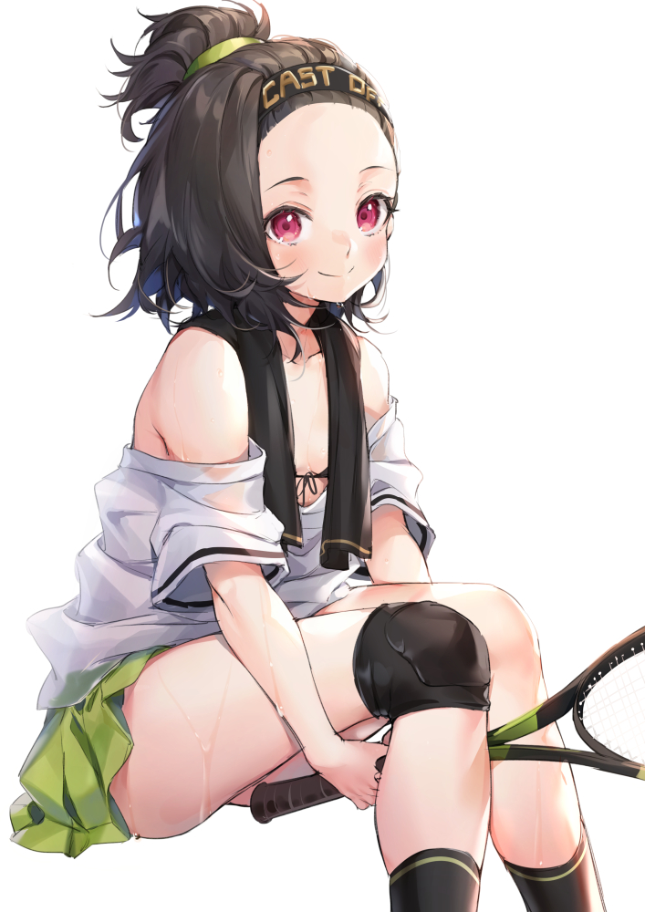 1girl azur_lane bare_shoulders black_bra black_hair black_legwear blush bra breasts closed_mouth clothes_writing collarbone commentary_request cooper_(azur_lane) cooper_(blazing_tennis_battle)_(azur_lane) forehead from_side green_skirt hairband knee_pads looking_at_viewer mamemena pleated_skirt racket red_eyes shirt short_hair simple_background sitting skirt small_breasts smile socks solo sportswear sweat tennis_racket tennis_uniform topknot underwear white_background white_shirt