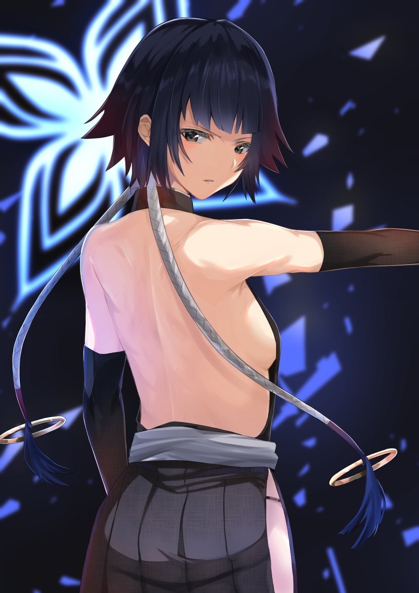 arm_up back backless_dress backless_outfit bangs bare_back bare_shoulders black_dress black_eyes black_hair bleach blunt_bangs breasts commentary_request dark_background dress from_behind glowing long_hair looking_at_viewer looking_back medium_breasts outstretched_arm parted_lips serious sideboob sui-feng tomura2maru v-shaped_eyebrows very_long_hair