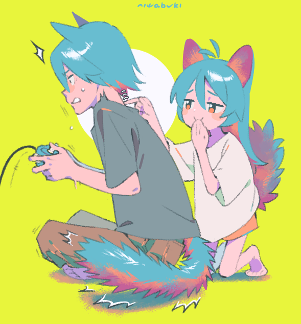 /\/\/\ 1boy 1girl animal_ears antenna_hair aqua_hair bangs barefoot blush_stickers brother_and_sister brown_pants cat_boy cat_ears cat_girl cat_tail circle clenched_teeth closed_mouth constricted_pupils controller covering_mouth dot_nose flying_sweatdrops from_side full_body furrowed_eyebrows game_controller gamepad green_background grey_shirt hair_between_eyes half-closed_eyes hand_up hands_up holding_controller holding_game_controller indian_style kneeling long_hair looking_at_another looking_away motion_lines niwabuki no_shoes noshime_ruka orange_eyes original pants profile satonaka_kei shiny shiny_hair shirt short_sleeves siblings signature simple_background sitting smirk smug startled sweat tail teeth trembling white_shirt