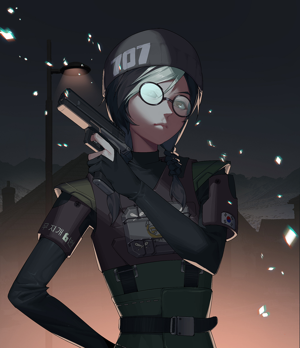 1girl arm_up bangs belt black_hair braid brown_eyes bulletproof_vest character_request closed_mouth collar fj_wu_cheng'en flag flag_print glasses grey_headwear gun hair_between_eyes handgun hat holding holding_gun holding_weapon korean_text lips long_sleeves looking_at_viewer low_braid medium_hair multicolored multicolored_hair night outdoors pistol rainbow_six_siege round_eyewear shaded_face shadow sky solo south_korean_flag standing trigger_discipline twin_braids upper_body vest weapon white_hair