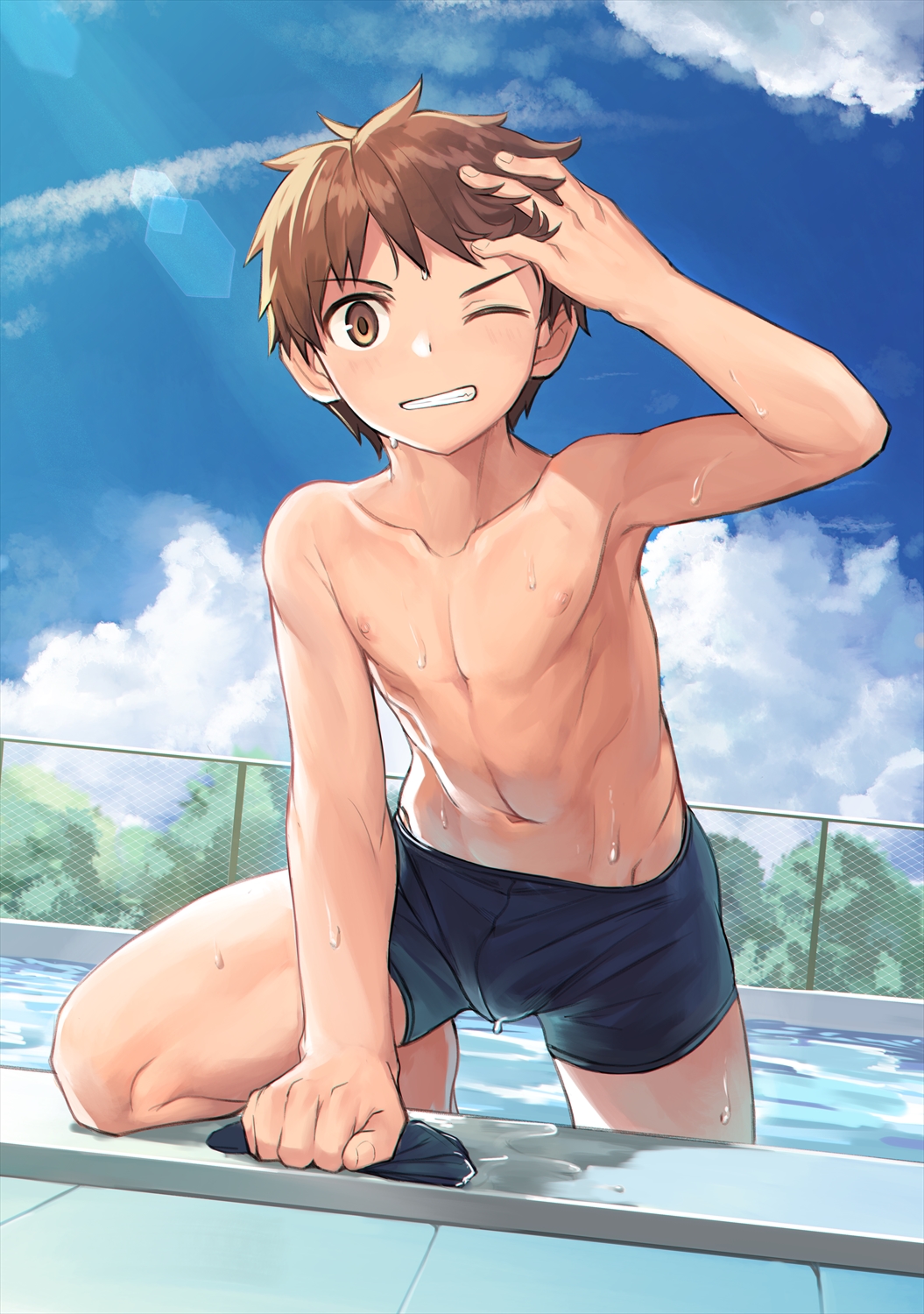 1boy arm_support arm_up bare_chest blue_sky brown_eyes brown_hair bulge chain-link_fence climbing clouds collarbone crotch_seam day dripping dutch_angle fence grin hand_on_own_head hand_up highres knee_up lens_flare looking_at_viewer male_focus male_swimwear nipples one_eye_closed original outdoors pool poolside r-744 sky smile solo spiky_hair sunlight swim_briefs swim_cap swim_cap_removed swimwear tile_floor tiles water wet