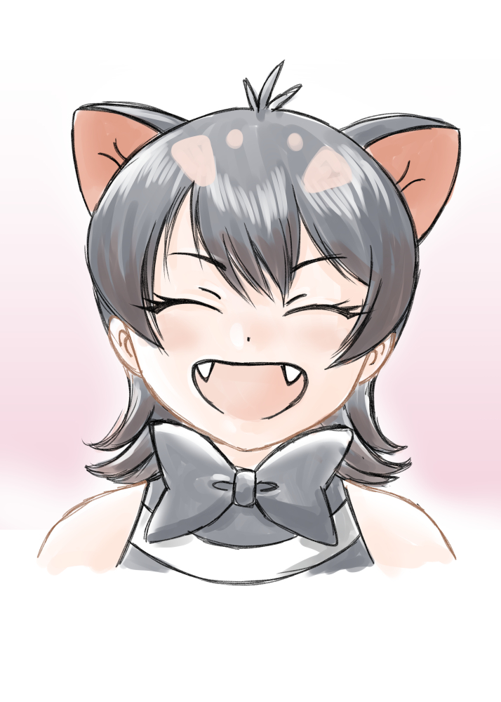 1girl :d ^_^ bare_shoulders black_hair black_neckwear bow bowtie closed_eyes extra_ears eyebrows_visible_through_hair face facing_viewer fangs gradient gradient_background happy kemono_friends open_mouth pink_background portrait short_hair simple_background smile solo tasmanian_devil_(kemono_friends) tasmanian_devil_ears yaksini