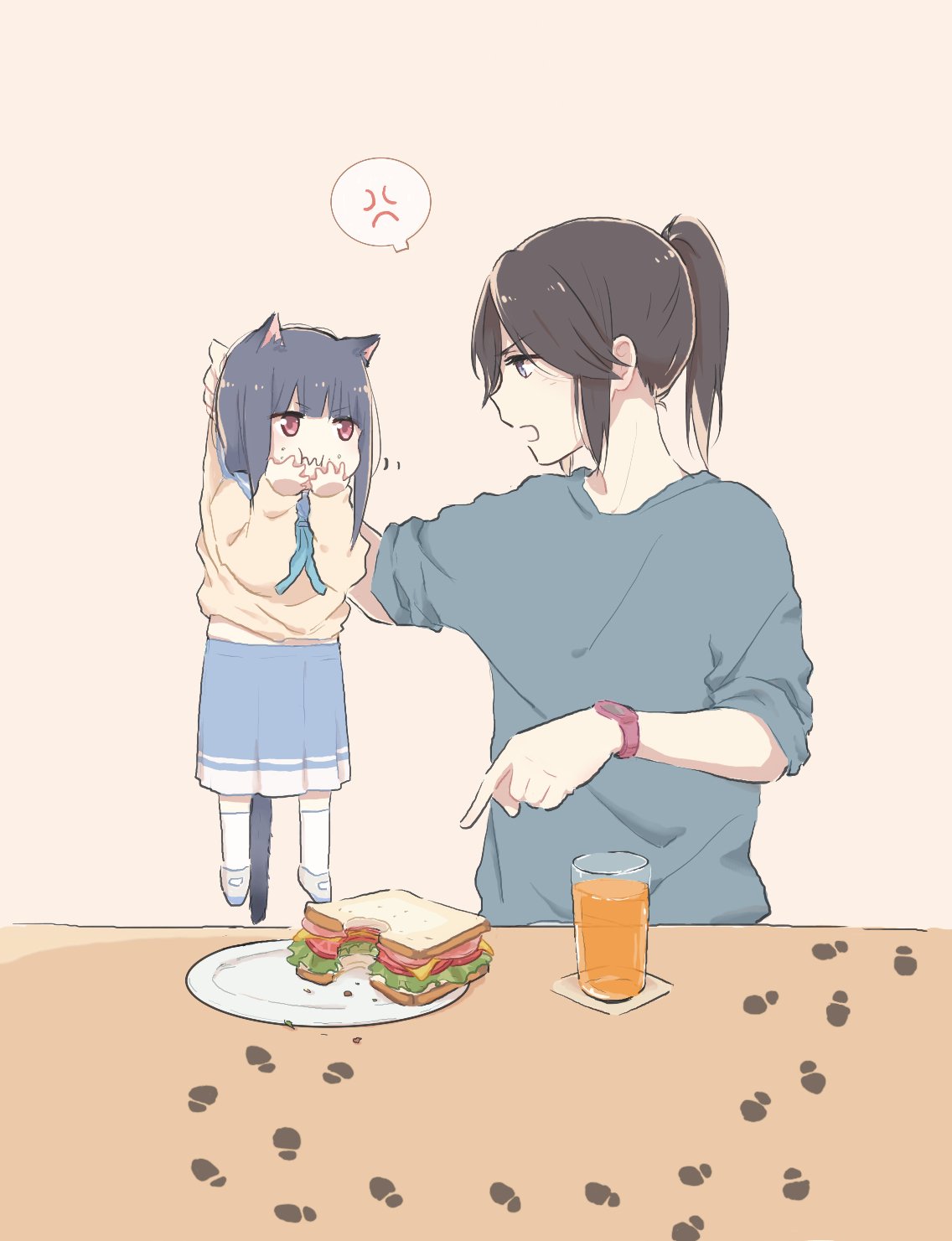 2girls anger_vein animal_ears blue_neckwear blue_shirt blue_skirt brown_hair cat_ears cat_tail chibi eating eyebrows_visible_through_hair food footprints glass hand_to_own_mouth hibike!_euphonium highres juice kasaki_nozomi kemonomimi_mode lyy minigirl multiple_girls plate pointing ponytail red_eyes sandwich school_uniform shirt skirt sleeves_rolled_up socks spoken_anger_vein tail watch yoroizuka_mizore