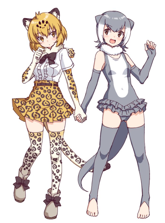 2girls animal_ears bare_shoulders barefoot belt black_bow black_neckwear blonde_hair blush boots bow bowtie brown_eyes brown_hair center_frills commentary_request elbow_gloves eyebrows_visible_through_hair fingerless_gloves frilled_swimsuit frills fur_collar gloves grey_gloves grey_hair grey_legwear grey_swimsuit hatagaya high-waist_skirt holding_hands jaguar_(kemono_friends) jaguar_ears jaguar_girl jaguar_print jaguar_tail kemono_friends looking_at_another multicolored_hair multiple_girls one-piece_swimsuit otter_ears otter_girl otter_tail pleated_skirt print_gloves print_legwear print_skirt shoe_bow shoes short_hair short_sleeves skirt sleeveless small-clawed_otter_(kemono_friends) swimsuit tail thigh-highs toeless_legwear white_fur white_hair yellow_eyes zettai_ryouiki
