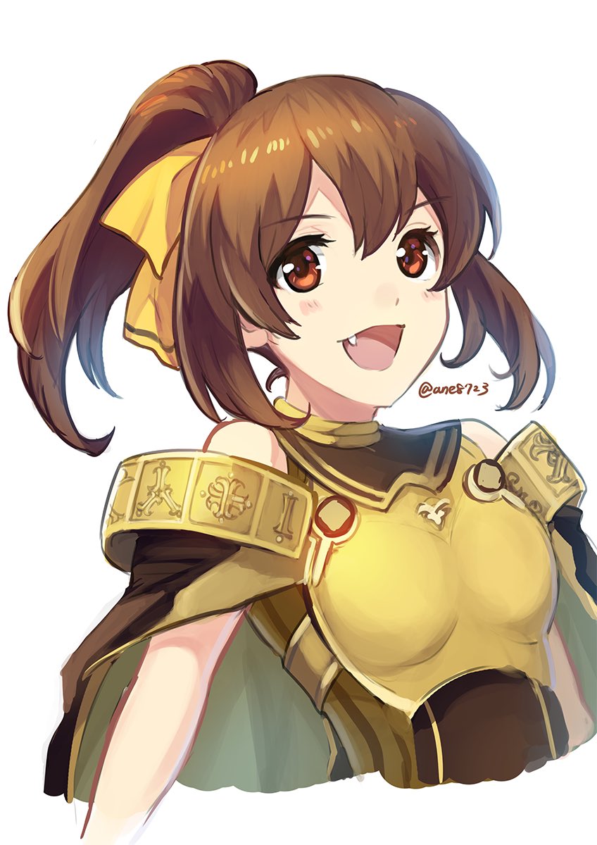 1girl ane-suisei breastplate brown_eyes brown_hair delthea_(fire_emblem) fang fire_emblem fire_emblem_echoes:_shadows_of_valentia highres long_hair open_mouth ponytail simple_background solo twitter_username upper_body white_background