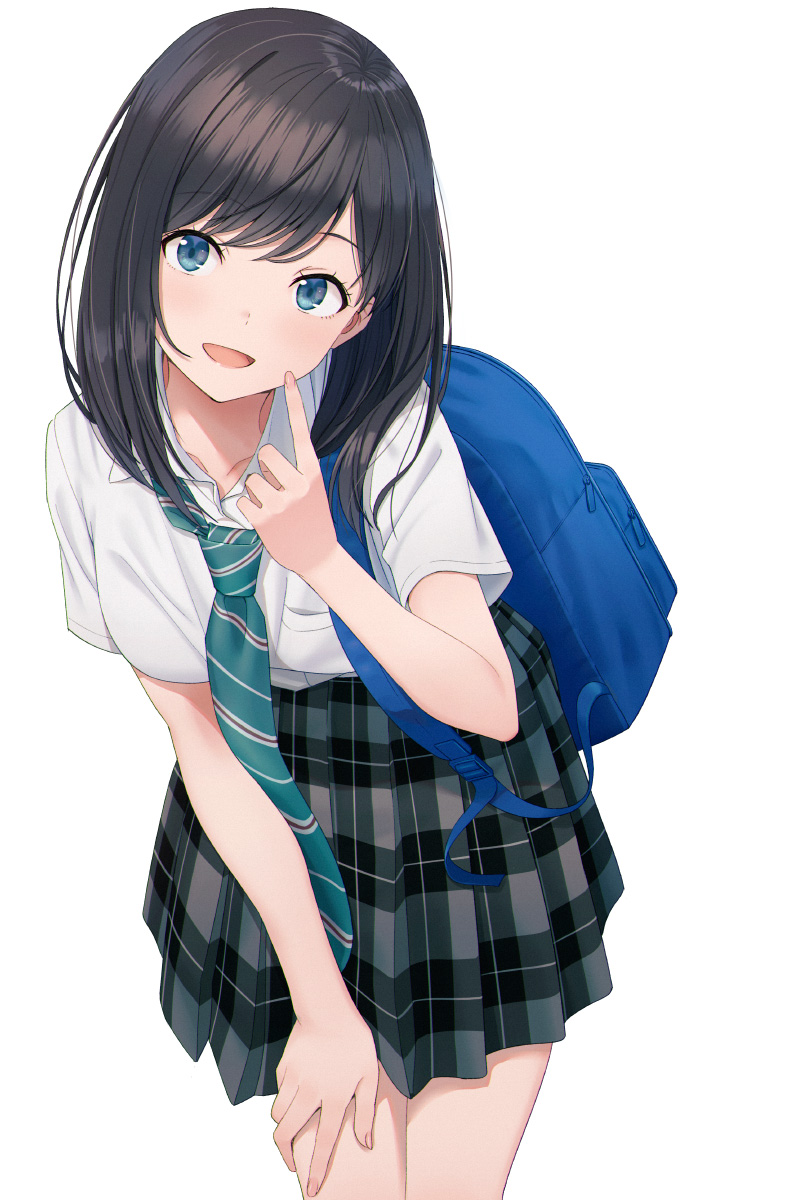 1girl backpack bag bangs bent_over black_hair black_skirt blue_eyes blush commentary_request copyright_request eyebrows_visible_through_hair highres hyuuga_azuri leaning_forward long_hair looking_at_viewer open_mouth original school_uniform simple_background skirt smile solo standing white_background