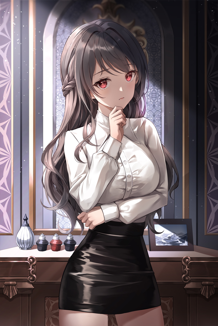 1girl arm_under_breasts bangs black_hair black_skirt breasts closed_mouth cowboy_shot indoors large_breasts long_sleeves looking_at_viewer lunacle original red_eyes shirt shirt_tucked_in skirt solo white_shirt