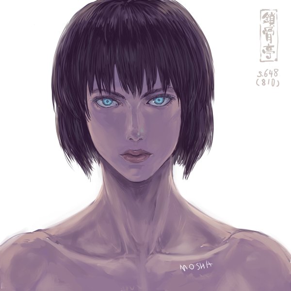 1girl artist_logo black_hair blue_eyes closed_mouth collarbone ghost_in_the_shell kusanagi_motoko looking_at_viewer nude portrait short_hair shu-mai simple_background solo white_background