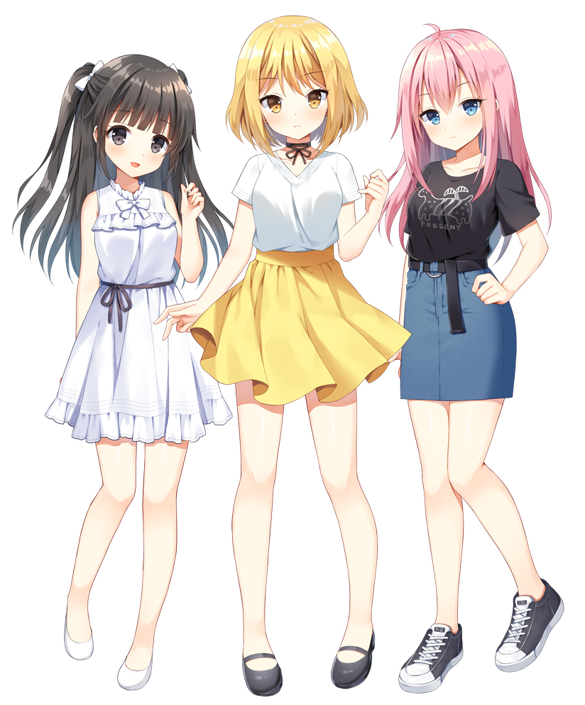 3girls :d bangs black_footwear black_hair black_shirt blonde_hair blue_eyes blue_skirt blush bow breasts brown_eyes closed_mouth commentary_request dress eyebrows_visible_through_hair frilled_dress frills grey_eyes hair_bow hand_on_hip hand_up long_hair looking_at_viewer mauve multiple_girls open_mouth pink_hair pleated_dress pleated_skirt shirt shoes short_hair short_sleeves simple_background skirt sleeveless sleeveless_dress small_breasts smile standing standing_on_one_leg supernatural_sweethearts two_side_up very_long_hair white_background white_bow white_dress white_footwear white_shirt yellow_skirt