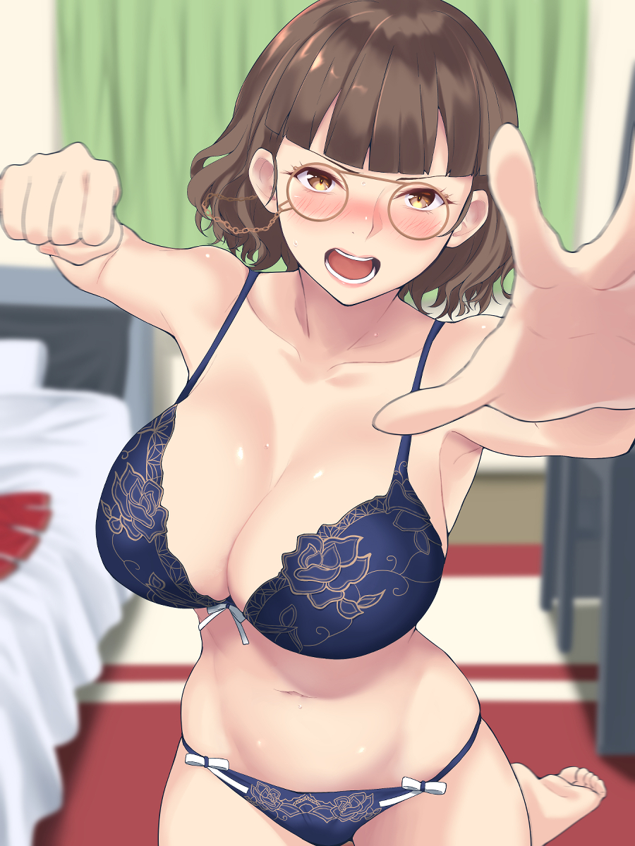 1girl angry bangs bare_shoulders bed bedroom blue_bra blue_panties blunt_bangs blush bra brown_eyes brown_hair clenched_hand collarbone commentary_request desk glasses highres kantai_collection looking_at_viewer midriff navel open_mouth outstretched_hand panties pillow pov punching roma_(kantai_collection) shingyo short_hair stomach underwear
