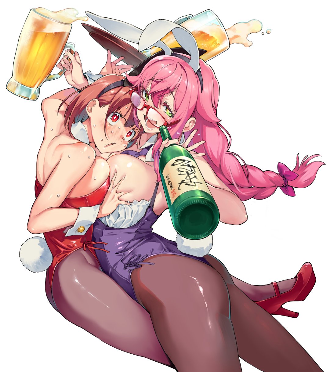 2girls alcohol animal_ears ass bare_shoulders beer_mug blush bottle bow breast_grab breast_press breasts bunny_tail bunnysuit copyright_request cup fake_animal_ears fingernails glasses grabbing green_eyes hair_between_eyes hair_bow high_heels highres holding holding_bottle holding_cup holding_plate large_breasts long_hair mug multiple_girls nonco ok_sign open_mouth plate purple_bow purple_ribbon rabbit_ears red-framed_eyewear red_eyes red_footwear red_ribbon ribbon shiny shiny_skin short_hair simple_background smile spilling sweat symmetrical_docking tail teeth tongue white_background