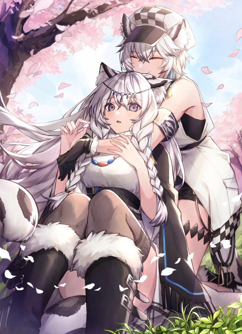 .com_(cu_105) 2girls animal_ears arknights armband bead_necklace beads black_cape black_footwear black_gloves black_legwear boots braid cabbie_hat cape checkered checkered_hat cherry_blossoms cliffheart_(arknights) closed_eyes dress flower fur-trimmed_boots fur_trim gloves grey_eyes hat holding holding_flower hug hug_from_behind jewelry leopard_ears leopard_girl leopard_tail long_hair multiple_girls necklace pramanix_(arknights) short_hair siblings side_braids sisters tail thigh-highs tree turtleneck turtleneck_dress twin_braids white_dress white_hair