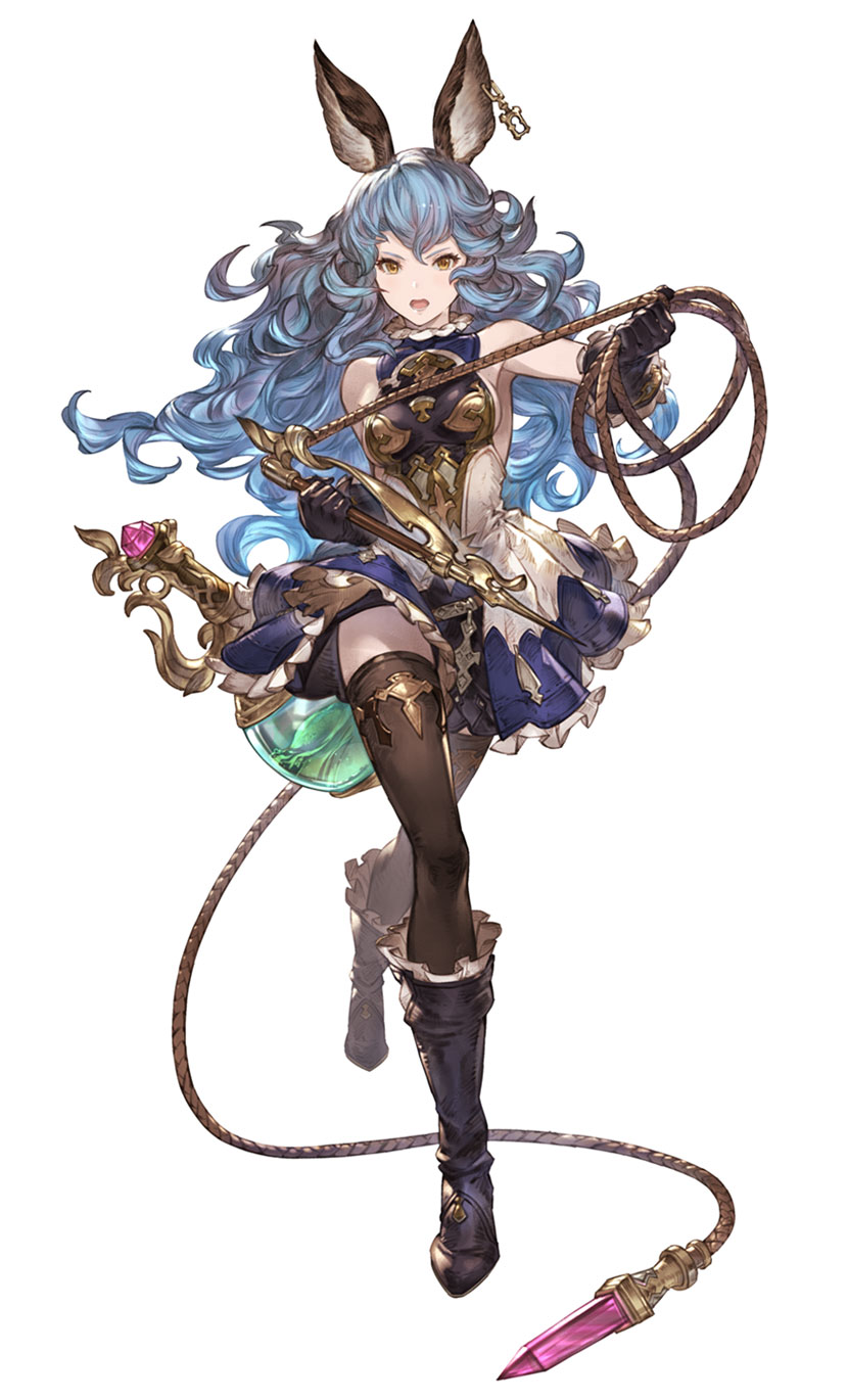 1girl animal_ears bare_shoulders black_footwear black_gloves black_legwear blue_hair boots breasts dress earrings erune ferry_(granblue_fantasy) full_body gloves granblue_fantasy granblue_fantasy_versus highres holding holding_weapon jewelry knee_boots long_hair looking_at_viewer medium_breasts minaba_hideo official_art open_mouth shiny shiny_hair short_dress simple_background sleeveless solo standing thigh-highs turtleneck weapon whip white_background yellow_eyes zettai_ryouiki