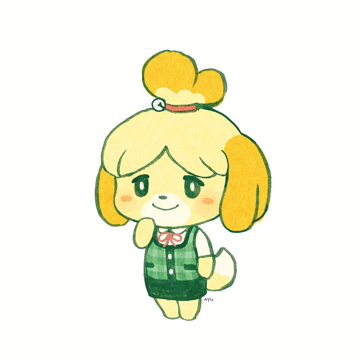 1girl animal animal_crossing animal_ears ayu_(mog) bell blonde_hair blush_stickers bright_pupils closed_mouth cute dog_ears dog_girl doubutsu_no_mori full_body green_sweater green_vest hair_bell hair_ornament hand_up isabelle_(animal_crosing) jingle_bell looking_at_viewer mammal neck_ribbon nintendo nintendo_ead no_humans pencil_skirt red_neckwear red_ribbon ribbon shizue_(doubutsu_no_mori) signature simple_background skirt smile solo standing sweater topknot vest white_background