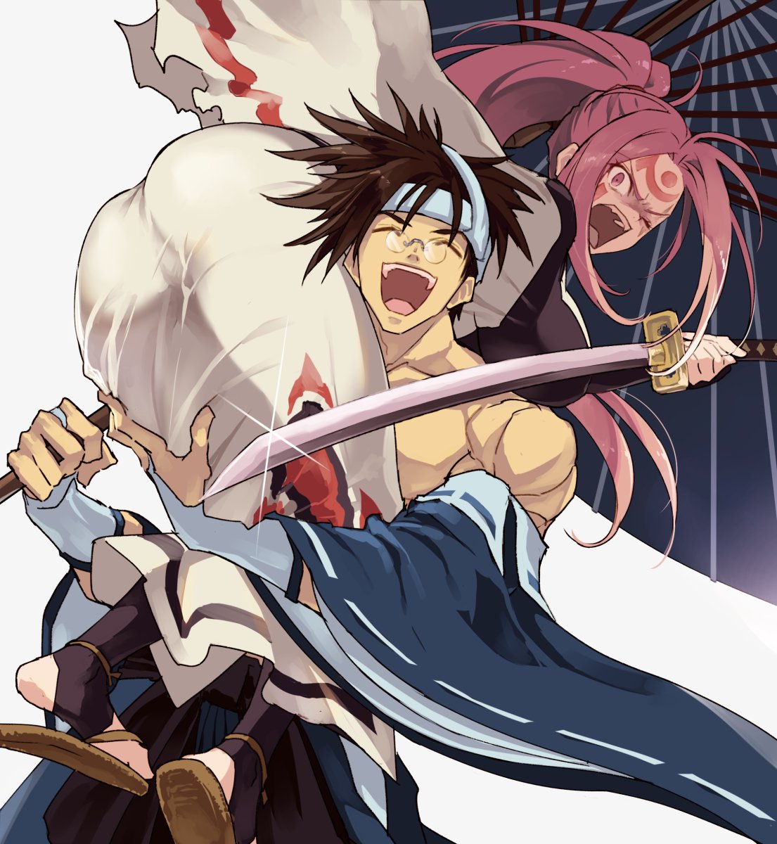 1boy 1girl ahoge amputee ass baiken bare_shoulders big_hair brown_hair carrying carrying_over_shoulder closed_eyes commentary_request facial_tattoo glasses guilty_gear guilty_gear_xrd hakama high_ponytail highres holding holding_sword holding_umbrella holding_weapon jako_(toyprn) japanese_clothes kataginu katana kimono mito_anji muscle one-eyed open_mouth over_shoulder pink_hair ponytail red_eyes scar scar_across_eye sidelocks slippers spiky_hair sword tattoo umbrella weapon