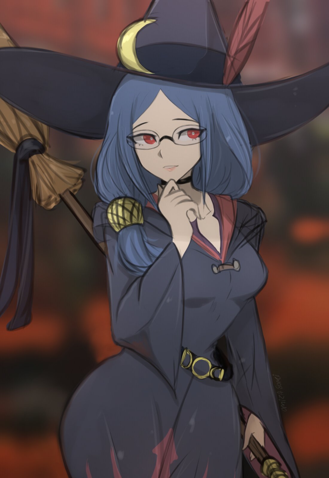 1girl artist_name black_choker blue_hair blurry blurry_background breasts broom choker commentary cowboy_shot crescent crescent_moon_pin glasses hair_tubes hand_on_own_chin hat hat_feather highres holding holding_broom light_smile little_witch_academia long_hair looking_to_the_side medium_breasts omiza_somi red_eyes red_feathers signature solo ursula_charistes watermark wide_sleeves witch witch_hat