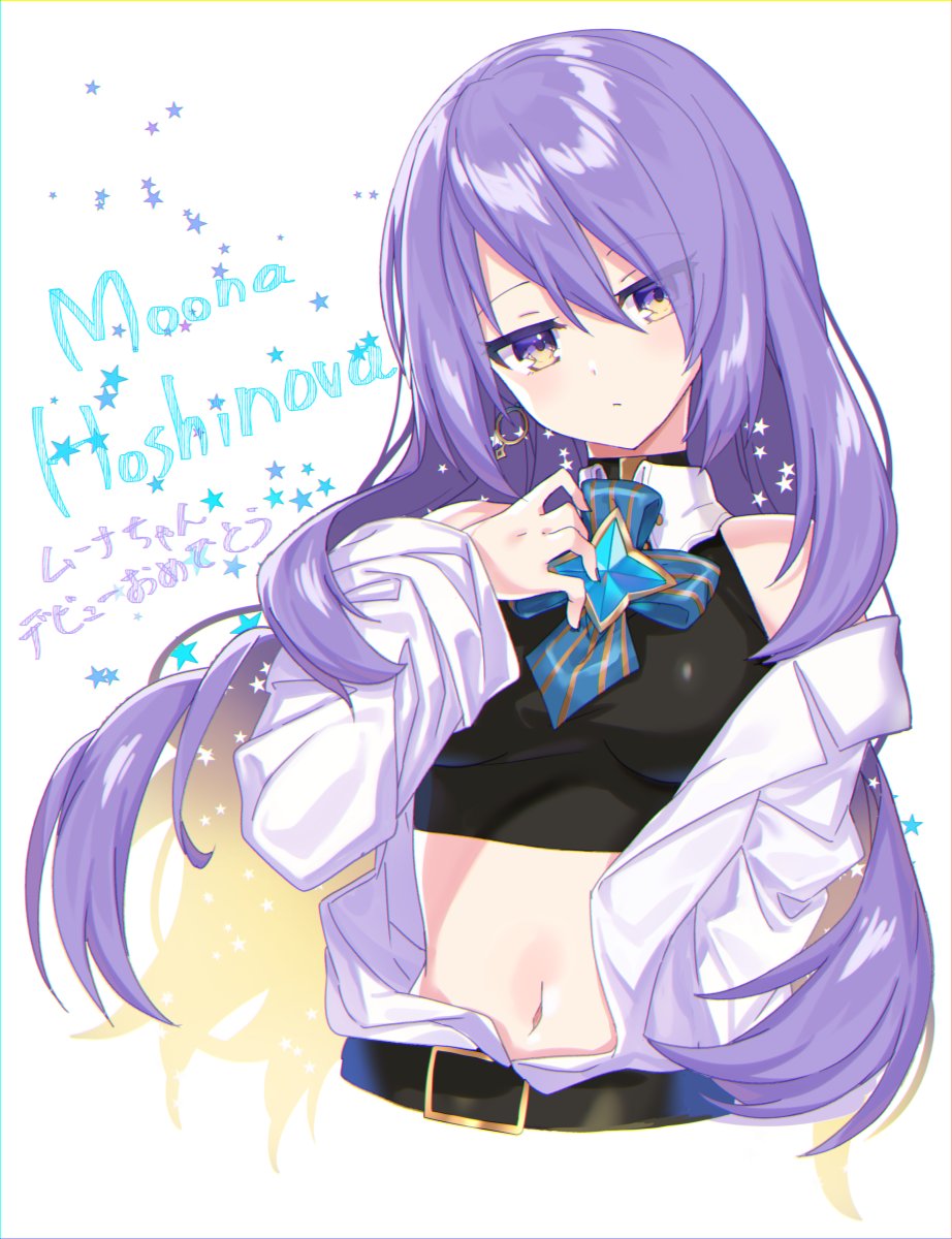 1girl belt breasts character_name halter_top halterneck highres hololive hololive_indonesia lavender_hair long_hair midriff moona_hoshinova navel nyori off_shoulder official_art solo upper_body virtual_youtuber yellow_eyes