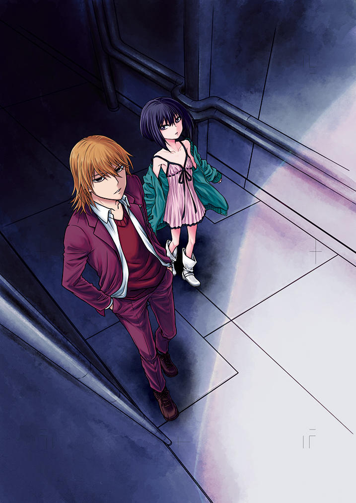 1boy 1girl bangs black_eyes black_hair bob_cut boots brown_eyes brown_hair coat cover cover_page crop_marks dark dress dress_shirt feathers from_above green_coat hallway hands_in_pockets jacket kakine_teitoku kisaragi_nankyoku looking_at_another looking_at_viewer medium_hair off_shoulder official_art open_clothes open_shirt pants parted_lips pink_dress purple_jacket purple_legwear purple_suit red_sweater shirt short_hair sleeveless sleeveless_dress spaghetti_strap sweater to_aru_kagaku_no_dark_matter to_aru_majutsu_no_index translated white_feathers white_footwear white_shirt work_in_progress yuzuriha_ringo