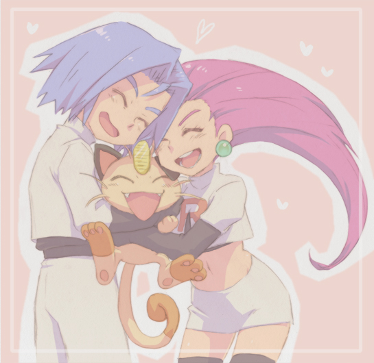 1boy 1girl blue_hair closed_eyes crop_top earrings fangs gen_1_pokemon heart jewelry kojirou_(pokemon) long_hair meowth midriff miniskirt musashi_(pokemon) navel open_mouth oto pokemon pokemon_(anime) pokemon_(classic_anime) pokemon_(creature) redhead skirt smile team_rocket thigh-highs white_skirt