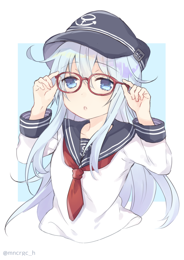 1girl anchor_symbol bespectacled black_headwear black_sailor_collar blue_background blue_eyes cropped_torso flat_cap glasses hairi_(mncrgc_h) hat hibiki_(kantai_collection) kantai_collection long_hair looking_at_viewer neckerchief red-framed_eyewear red_neckwear sailor_collar school_uniform serafuku silver_hair solo twitter_username two-tone_background upper_body white_background