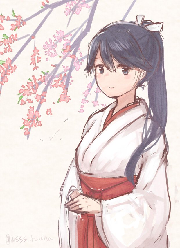 1girl alternate_costume blue_hair hair_ribbon hakama houshou_(kantai_collection) japanese_clothes kantai_collection long_hair looking_at_viewer miko ponytail red_hakama ribbon smile solo upper_body white_ribbon wss_(nicoseiga19993411)