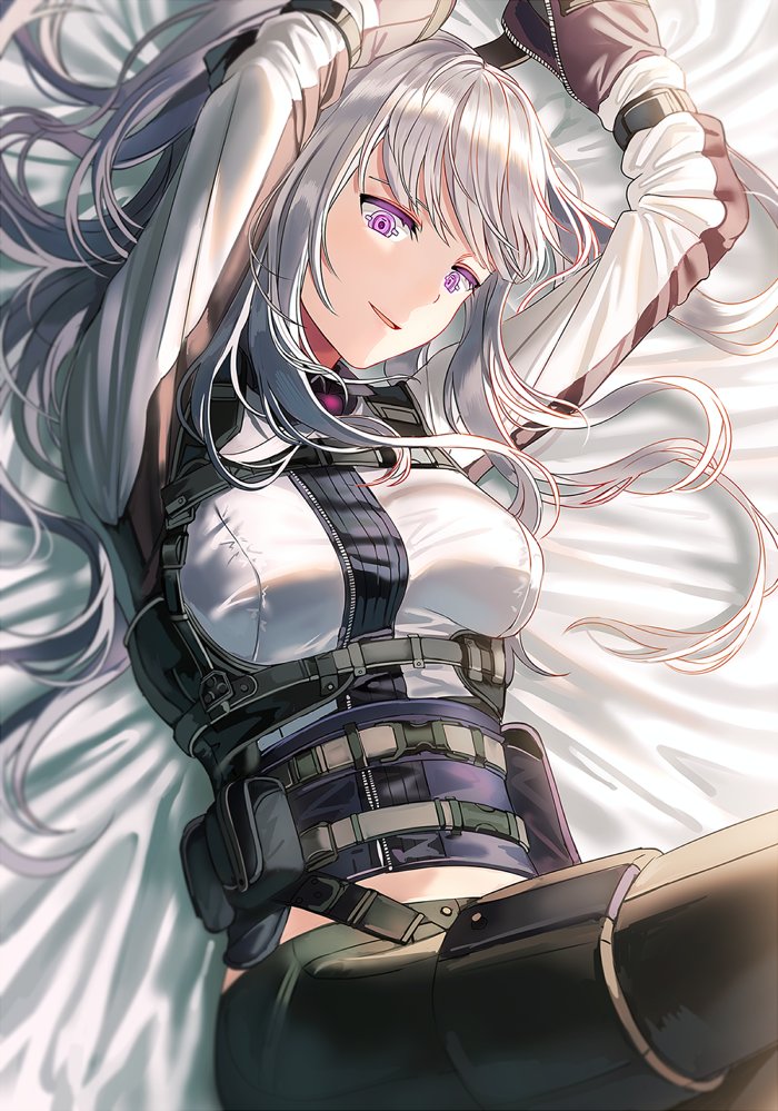 1girl ak-12_(girls_frontline) ammunition_pouch arms_up bangs bed_sheet black_pants breasts girls_frontline large_breasts long_hair long_sleeves lying mechanical_eye midriff multiple_straps on_back open_eyes open_mouth pants pouch sidelocks silence_girl silver_hair strap symbol-shaped_pupils tactical_clothes violet_eyes